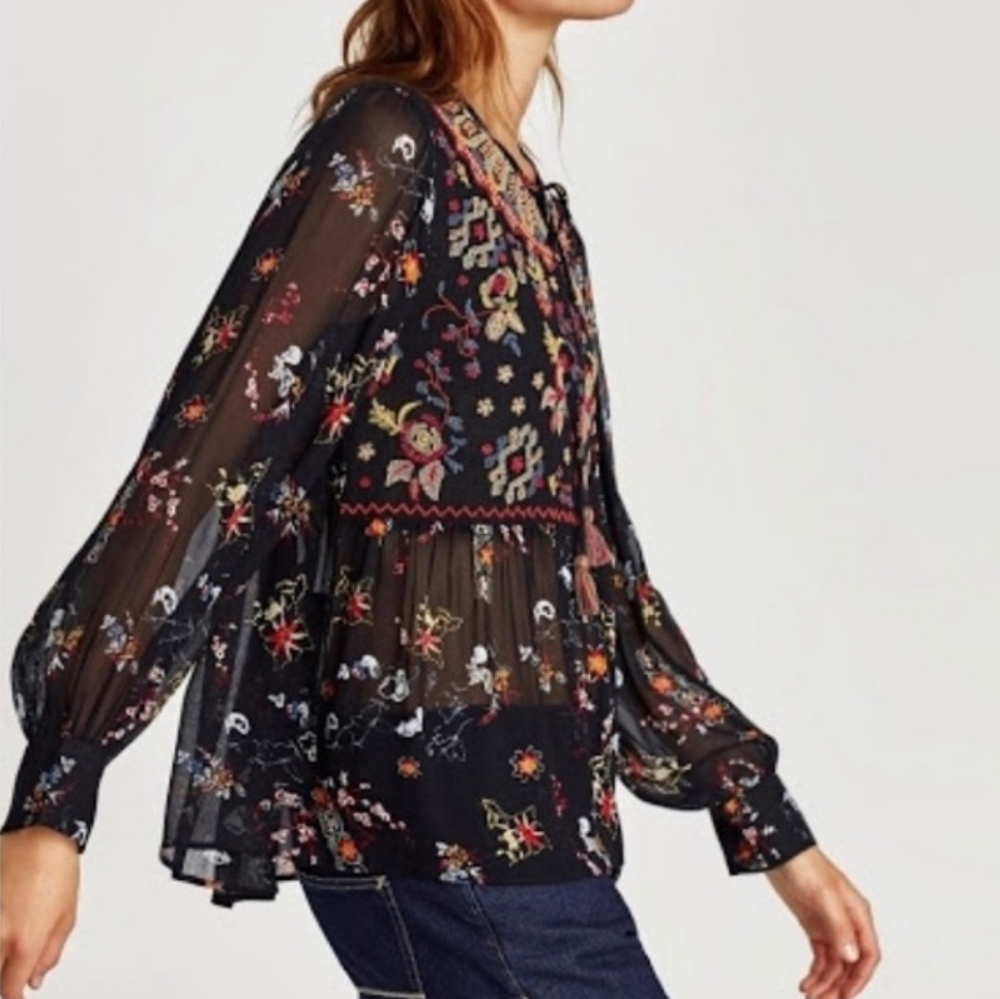 NWT ZARA Embroirdered Sheer Beaded Peasant Blouse
